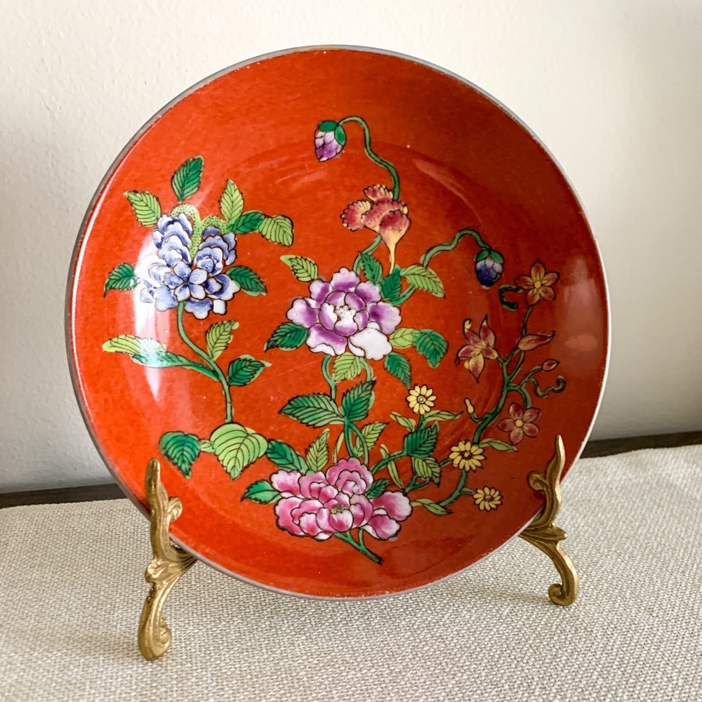 Orange Handpainted Japanese Porcelain Floral Bowl Plate Chinoiserie Style
